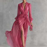 Aurea - Vestido de chiffon rosa com decote em V