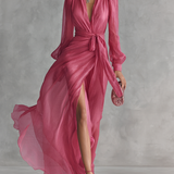 Aurea - Vestido de chiffon rosa com decote em V