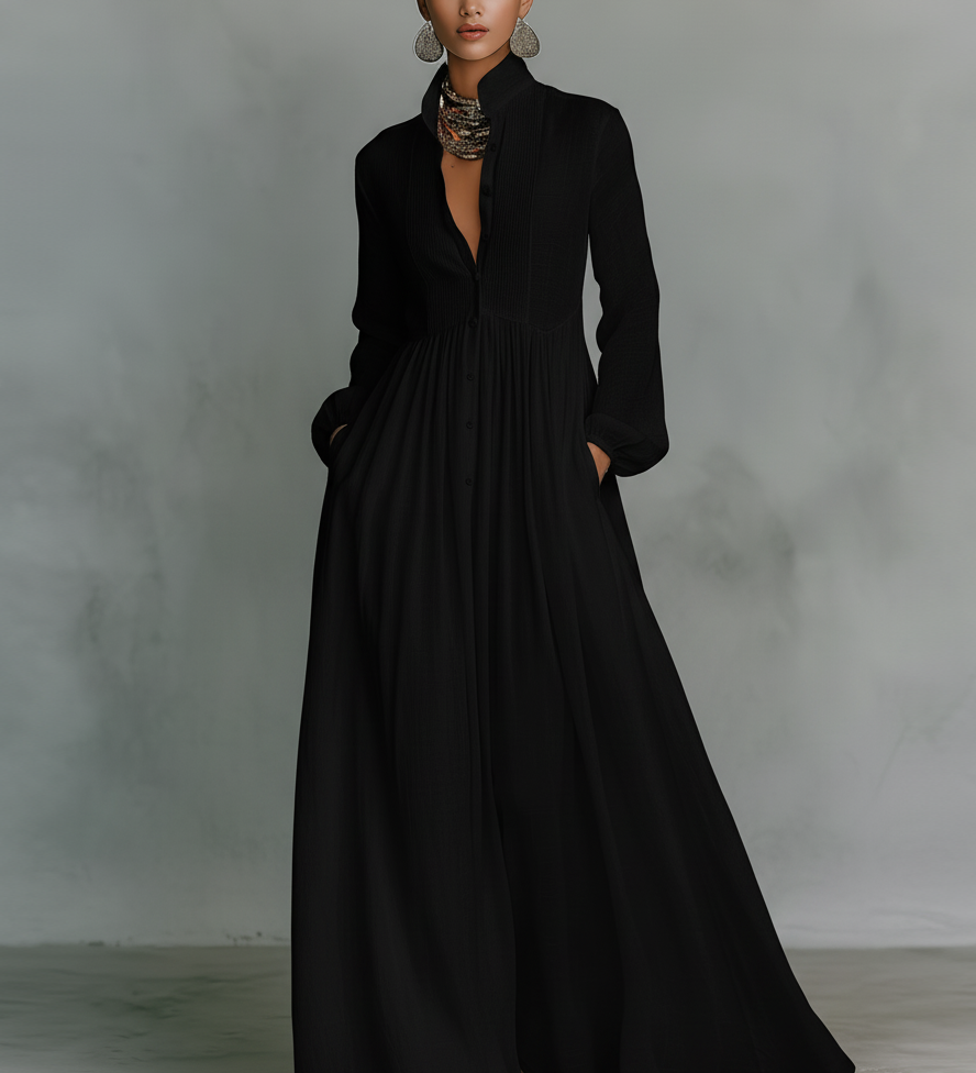Inês - Vestido maxi de linho com gola alta