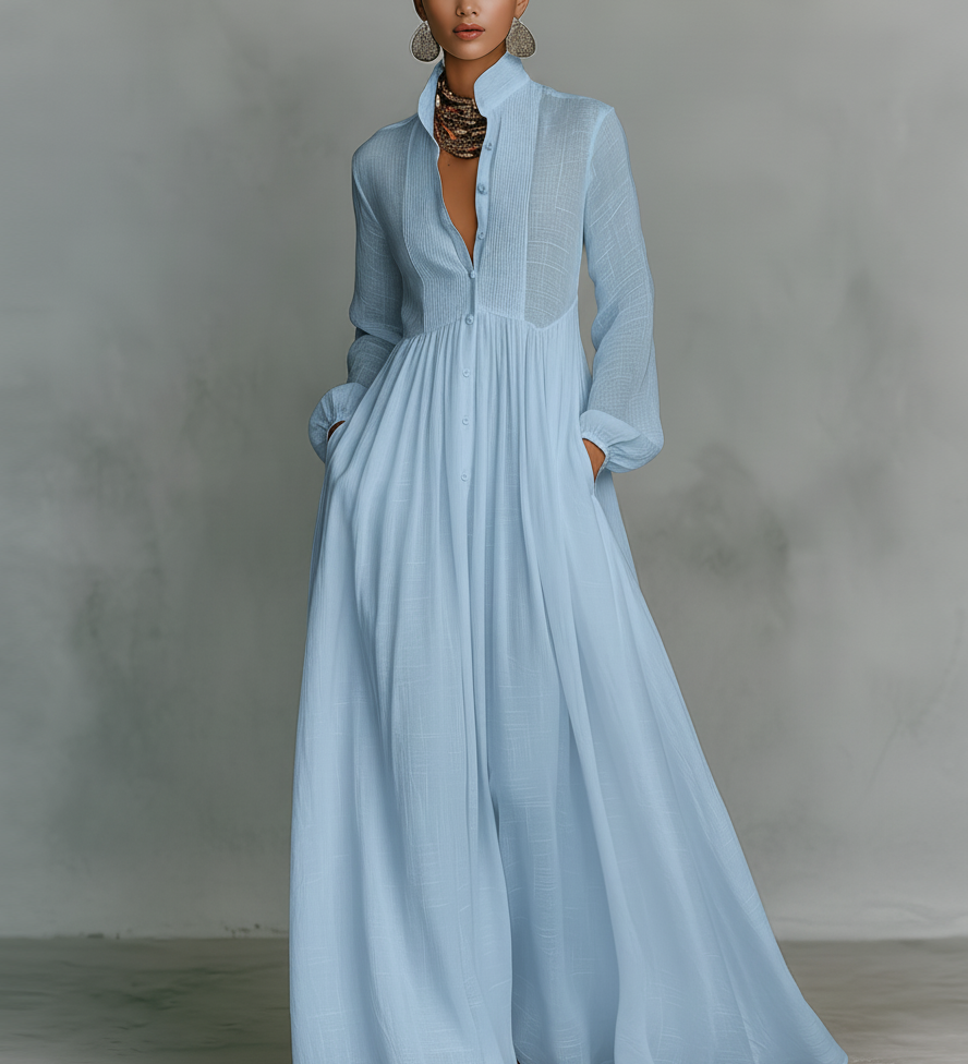Inês - Vestido maxi de linho com gola alta