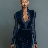 Marília - Vestido midi de veludo com decote em V e renda