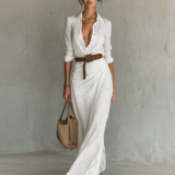 Filomena - Vestido maxi com gola virada e manga comprida