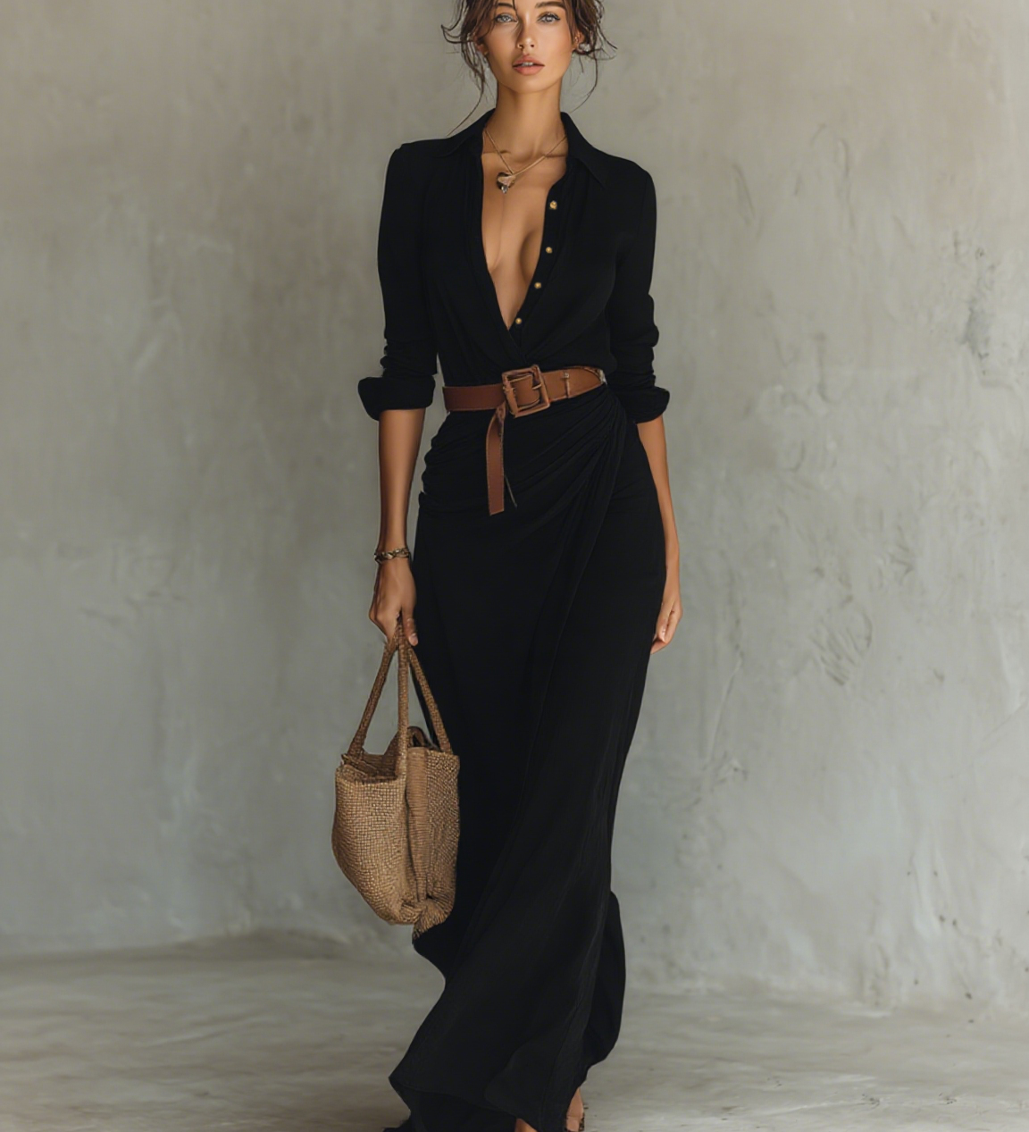 Filomena - Vestido maxi com gola virada e manga comprida