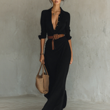 Filomena - Vestido maxi com gola virada e manga comprida
