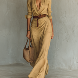 Filomena - Vestido maxi com gola virada e manga comprida