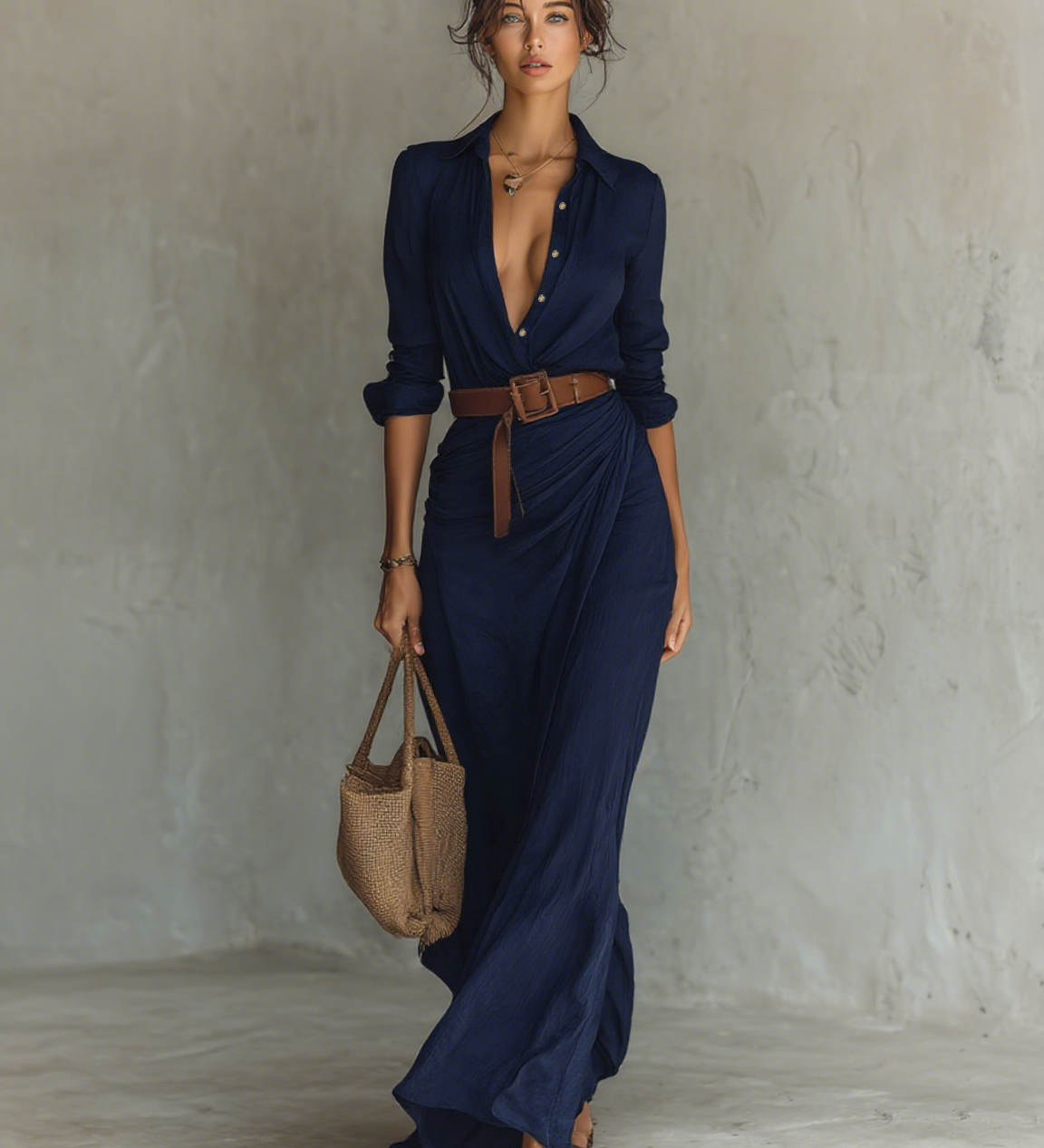 Filomena - Vestido maxi com gola virada e manga comprida