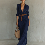 Filomena - Vestido maxi com gola virada e manga comprida