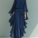 Érica - Conjunto de chiffon azul-marinho com folhos