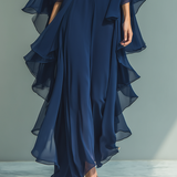 Érica - Conjunto de chiffon azul-marinho com folhos