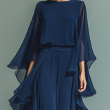 Érica - Conjunto de chiffon azul-marinho com folhos