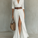 Clara - Vestido maxi de linho branco com pregas