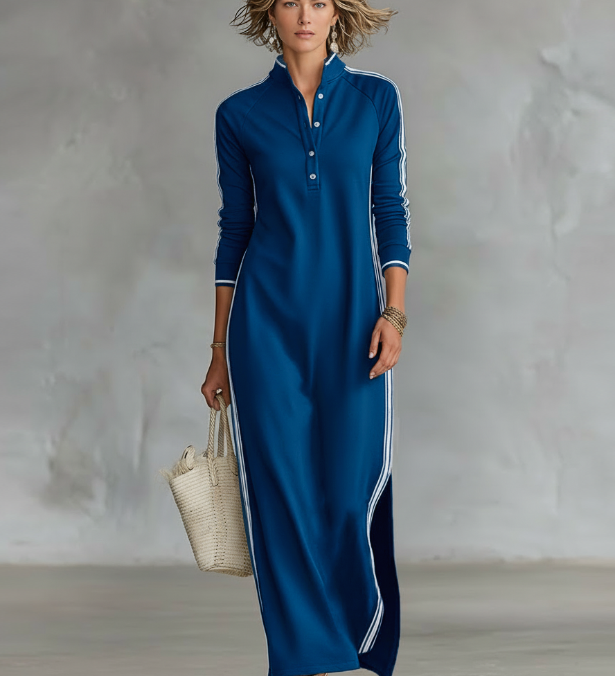Mariana - Vestido maxi em malha com gola de botões
