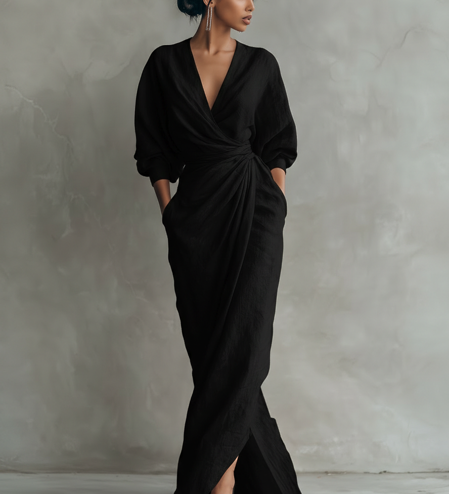 Rosa - Vestido maxi de linho com decote em V