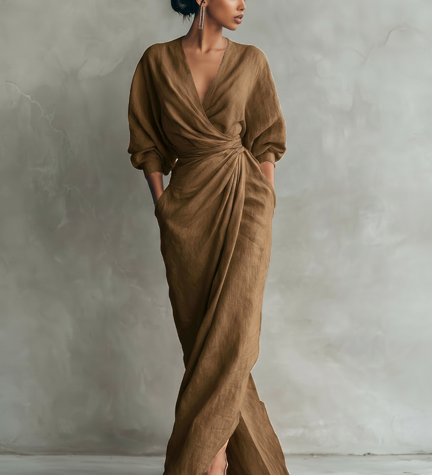 Rosa - Vestido maxi de linho com decote em V