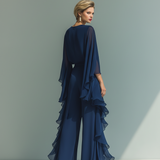 Érica - Conjunto de chiffon azul-marinho com folhos