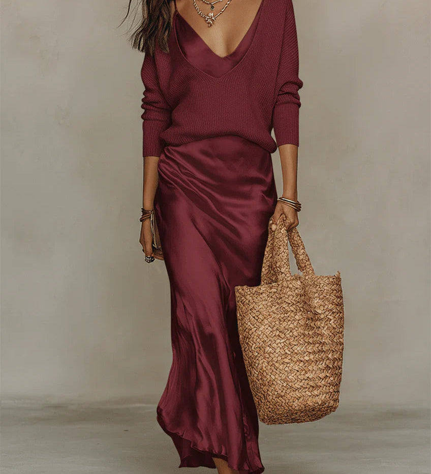 Ana - Vestido elegante midi de cetim com camisola