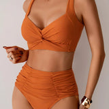 Rosa - Conjunto de Biquíni de Verão com Cintura Alta