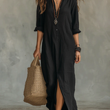 Celina - Vestido preto comprido com botões