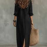 Celina - Vestido preto comprido com botões