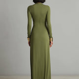 Vanessa - Vestido maxi em seda verde-oliva com decote em V