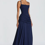 Valentina - Vestido maxi com decote em coração e franzido assimétrico